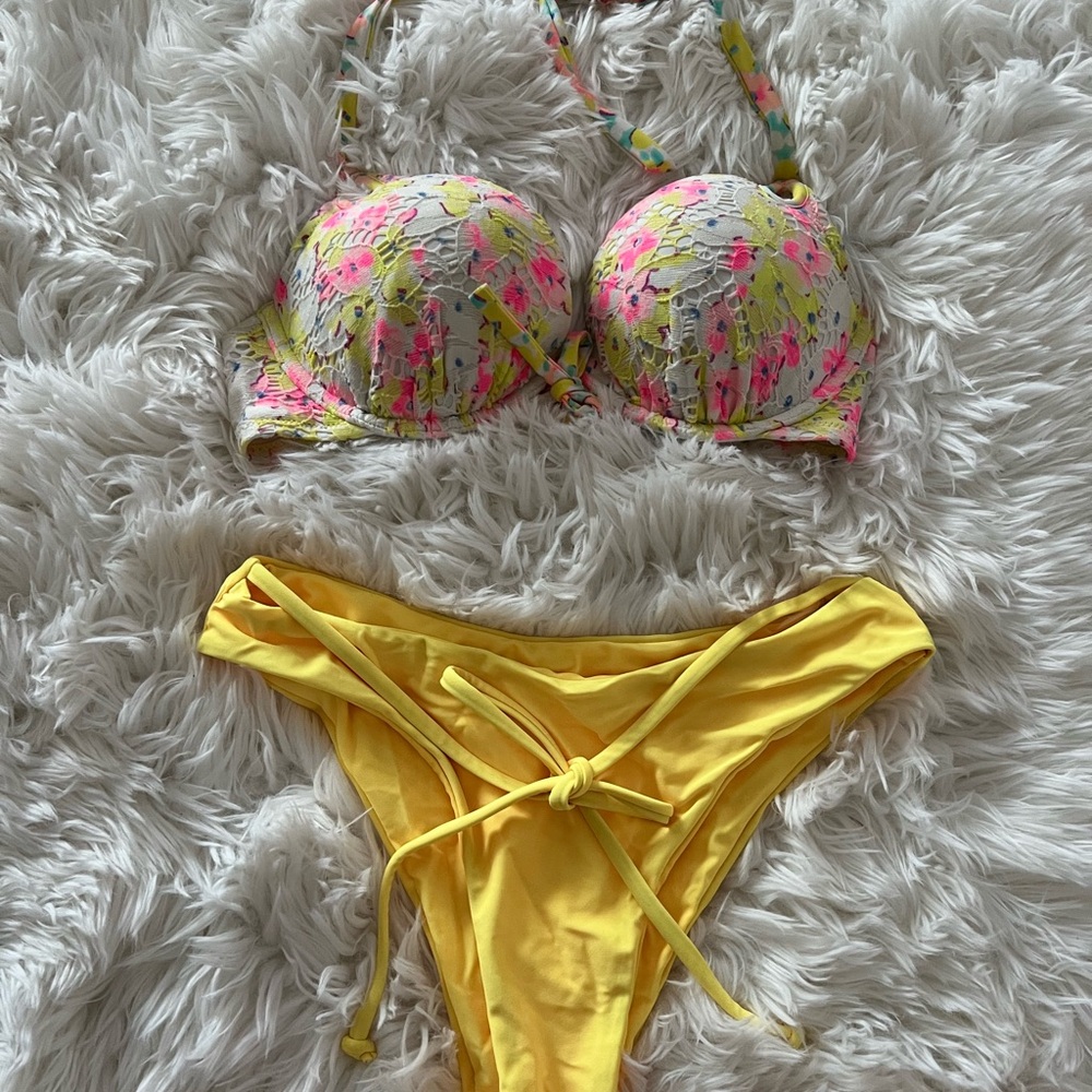 Victoria's Secret Yellow and Pink Bikini Set Molded Cup